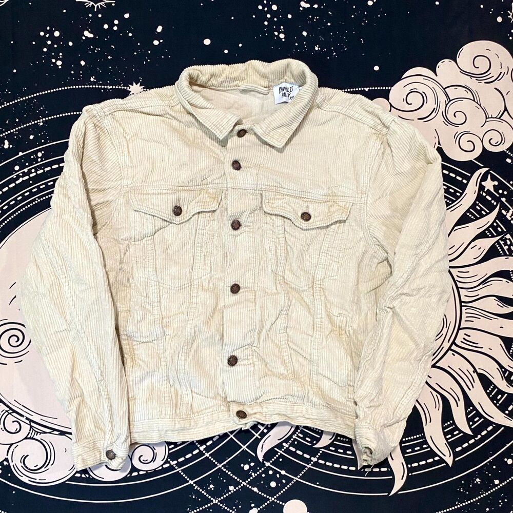 Princess Polly Trucker Jacket Mens S Beige Corduroy Button-Front Workwear